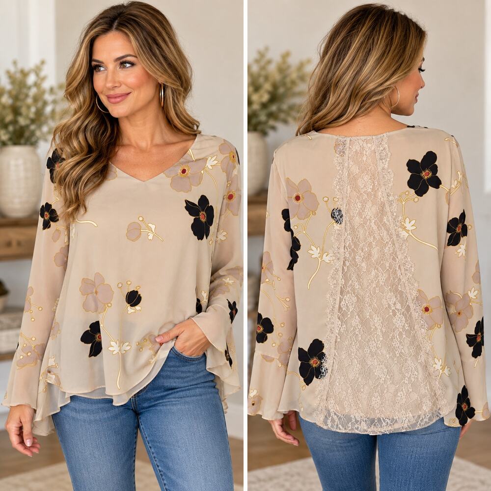 LC Lauren Conrad XL Floral Blouse Lace Back Flowy Bell Sleeve Boho Top